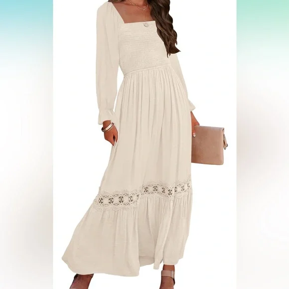 ZESICA Women's Long Sleeve Square Neck Smocked High Waist Flowy Maxi Dress - Picture 7 of 9